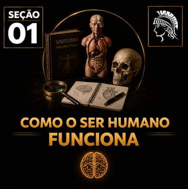 Capa da “Seção 01 – Como o Ser Humano Funciona”, com fundo preto e detalhes dourados.