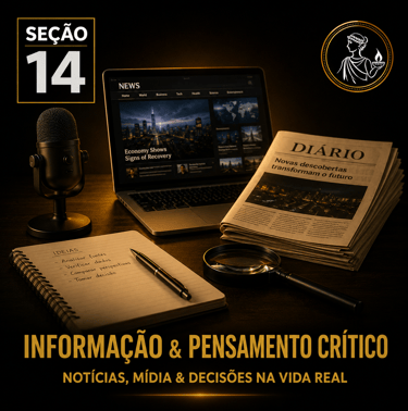 Capa da “Seção 14 - Informação e Pensamento Crítico”, com fundo preto e detalhes dourados.