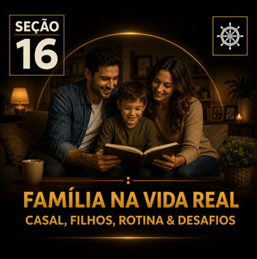Capa da “Seção 16 - Família na Vida Real”, com fundo preto e detalhes dourados.