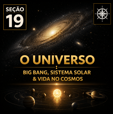 Capa da “Seção 19 - O Universo”, com fundo preto e detalhes dourados.