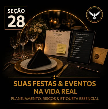 Capa da “Seção 28 - Suas Festas e Eventos”, com fundo preto e detalhes dourados.