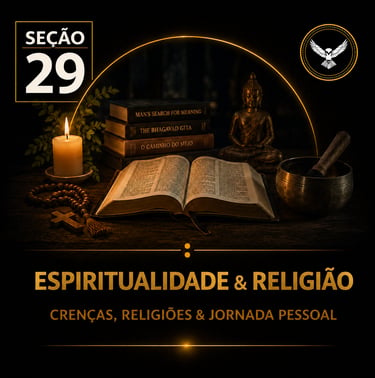 Capa da “Seção 29 - Espiritualidade e Religião”, com fundo preto e detalhes dourados.