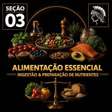 Capa da “Seção 03 – Alimentação Essencial”, com fundo preto e detalhes dourados.