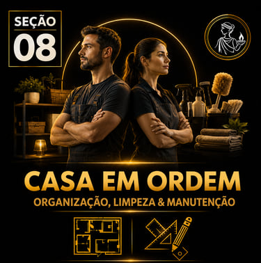 Capa da “Seção 08 – Casa em Ordem”, com fundo preto e detalhes dourados.