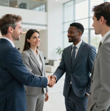 A professional photograph of business executives from diverse backgrounds shaking hands in a bright, modern lobby with minimalist architecture, utilizing Light Blue and Off-White tones, reflecting a sophisticated global atmosphere.