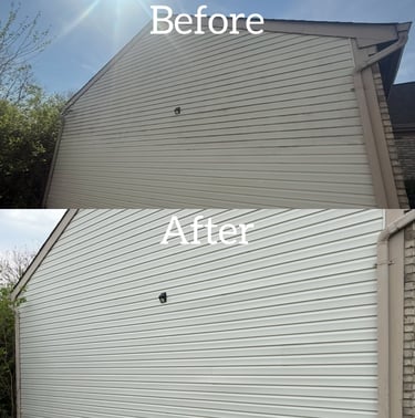 Before and after comparison of professional power washing on dirty house vinyl siding.