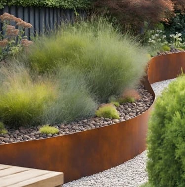 Corten steel garden edging with soft ornamental grasses and gravel, adding warm weathered metal cont