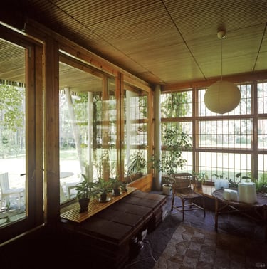 Sunlit Nordic interior with wood ceiling, large windows and plants connecting home with nature
