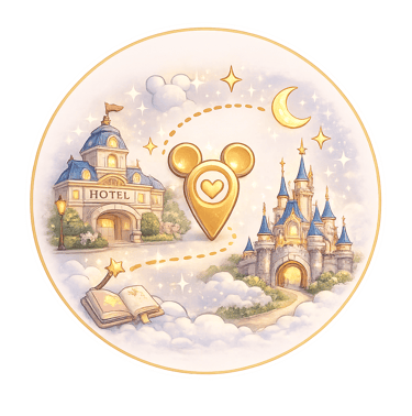 Whimsical illustration of a Disney hotel and fairy tale castle with a gold Mickey Mouse location pin.
