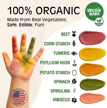 Veggie Baby organic finger paint made from real vegetables like beet, spinach, and turmeric.