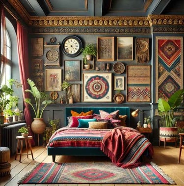 Eclectic bedroom design with bold patterns and a mix of vintage and modern pieces.