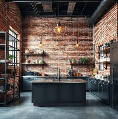 industrial kitchen design with metal shelving, stainless steel appliances, concrete countertops, 