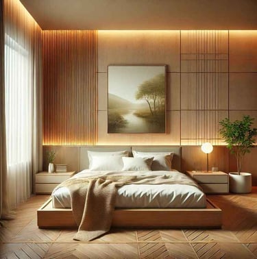 Minimalist bedroom with clean lines and a calming neutral color scheme.
