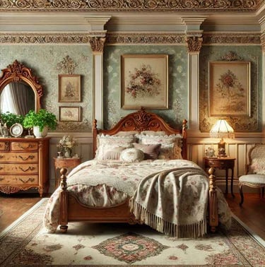 Vintage bedroom decor with antique furniture and soft, romantic tones.
