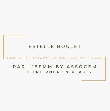 Macaron certifiée organisatrice de mariages par l'EFMM by ASSOCEM, titre RNCP niveau 5