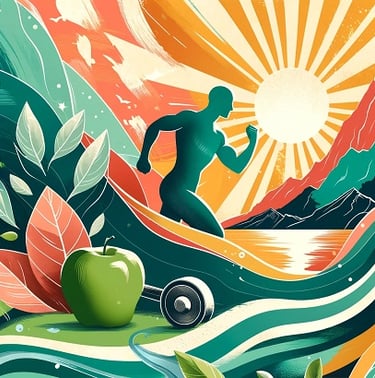 An image of a human figure running in the sunlight with an apple in the foreground
