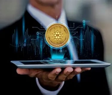 executivo mostrando uma criptomoeda. 