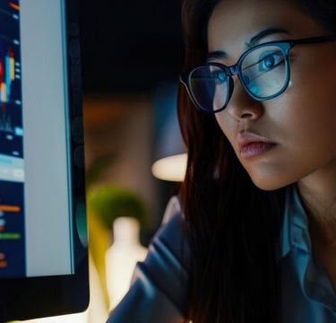 imagem de uma mulher jovem estudando no computador sobre inteligência financeira e gráfico.