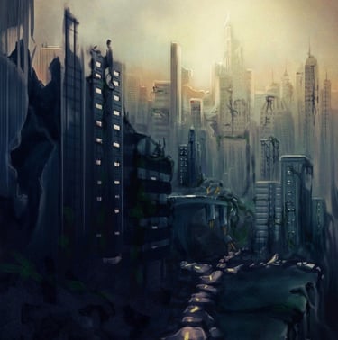 An ilustration of a post-apocalyptic ruined city bathed in pale warm light & draped in cool shadows.