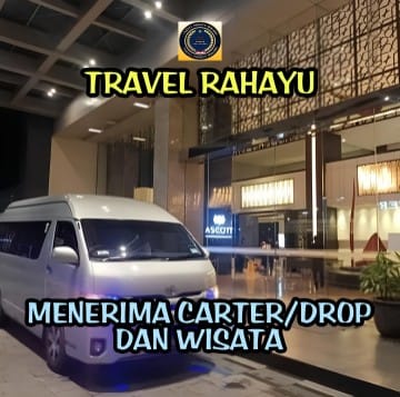 White Toyota Hiace van parked for Travel Rahayu carter and wisata drop-off services at night.