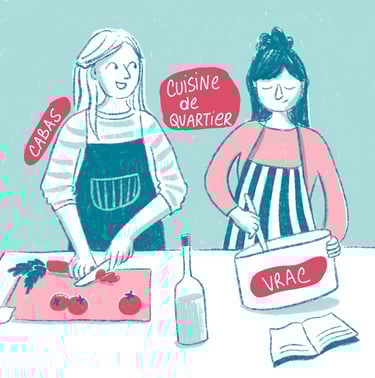 illustration of women discussion while cooking