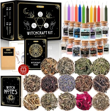 Witchcraft supplies altar kit with crystals, herbs, candles, and ritual tools — a perfect companion for Horror Poem themes