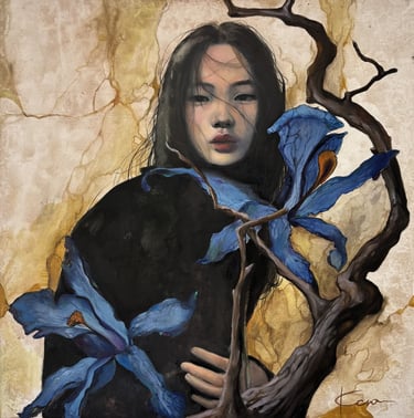 Portrait of a melancholic young woman with flowing black hair, surrounded by twisting branches and a