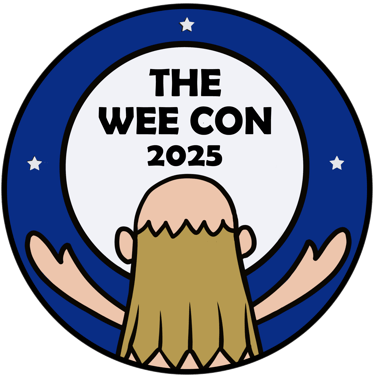 A stylized icon of a cartoon Nathanial Buttons embracing the moon, with text "The Wee Con 2025".