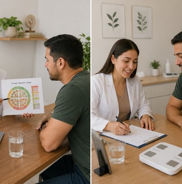 Paciente recibiendo educación nutricional basada en evidencia por su nutrióloga