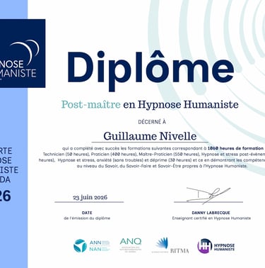 Diplôme de post-maître en hypnose Humaniste décerné à Guillaume Nivelle 