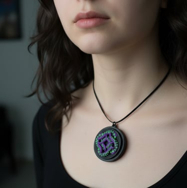 Locket with purple and green tentacles with mini Cthulhu chibi figure inside