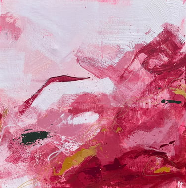 Kate Young abstract painting, size 20x20, rose and crimson and white, Guelph Artist