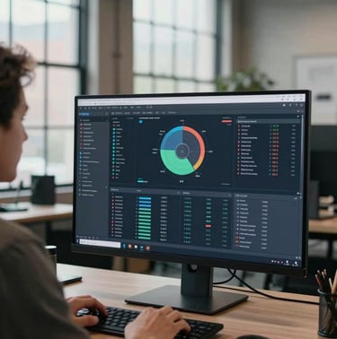 A professional in business casual attire working on a large desktop monitor displaying a complex data dashboard, located in a modern North American / US creative studio with industrial windows.