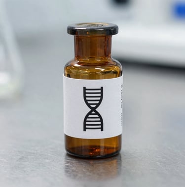 Amber glass research vial with a clean technical label showing a precise DNA-helix icon, resting on a sterile metal laboratory surface, sharp focus.