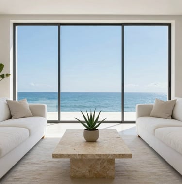 Modern minimalist living room with white sofas and a large glass window overlooking the ocean.