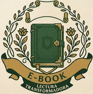 Icono elegante de un libro verde con ornamentos dorados y la inscripción 'E-BOOK LECTURA TRANSFORMAD