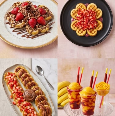 Un collage de postres gourmet para el desayuno, que incluye waffles en forma de corazón con fresas