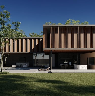 3D rendering of modern villa with wood and glass elements, large windows, lawn, stone path, and patio furniture.