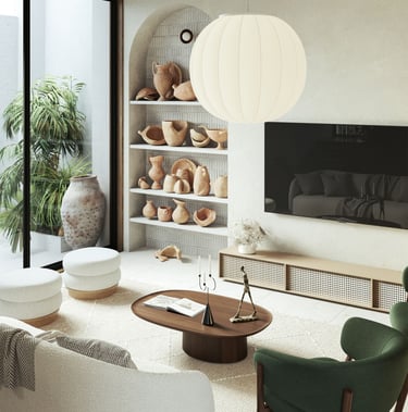 3D rendering of modern living room with neutral and green tones, pendant light, built-in shelves with pottery, and cozy sofa.