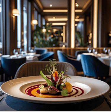 a plate of food and a glass of wine in a restaurant