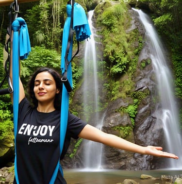 a woman in a black shirt on anti-gravity yoga hammock