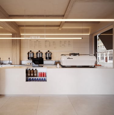 3D interior rendering of Mowchi café in UK, with light counters, neutral palette, menu boards. Created by VISUALISE.