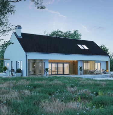 3D rendering of modern house with dark roof, white exterior, large glass doors, wood accents, and lush lawn.