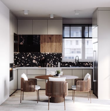 Modern kitchen, light cabinets, wood accents, unique tile backsplash, round table, window blinds.