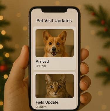 Phone showing real-time pet visit updates.