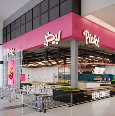 Exterior 3D Rendering of Pickl fast-food branch with pink branding. Created by VISUALISE 3D Rendering Services.