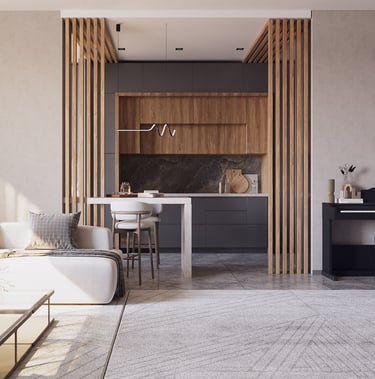 Modern open-concept living space with white sofa, marble island, dark grey cabinets, vertical wooden slats, and digital piano