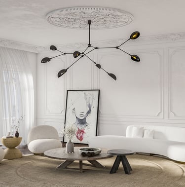 3D rendering of modern living room with curved sofa, beige chairs, round table, artwork, plant, and chandelier.