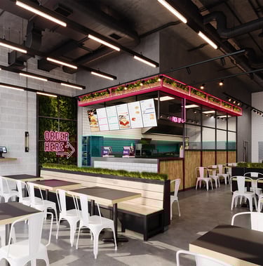 3D Rendering of Pickl Uwalk branch with concrete floors, metal chairs, kiosks, and pink signage. Created by VISUALISE.