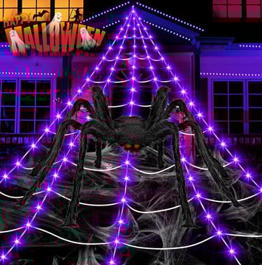 Halloween Giant Spider Web Lights, 16.4Ft Lighted Spider Web Light up for Yard Haunted House Decor 